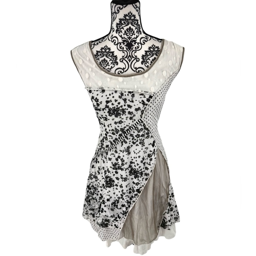 Fleur de Lis Layered Mixed-Print Boho Art Tunic Dress Floral & Polka Dot